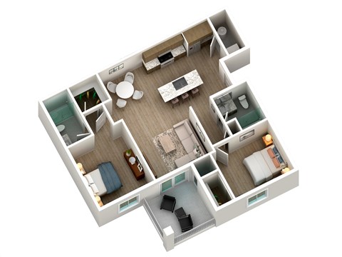 Floor plan for 2 beds, 2 baths, 1005 sqft